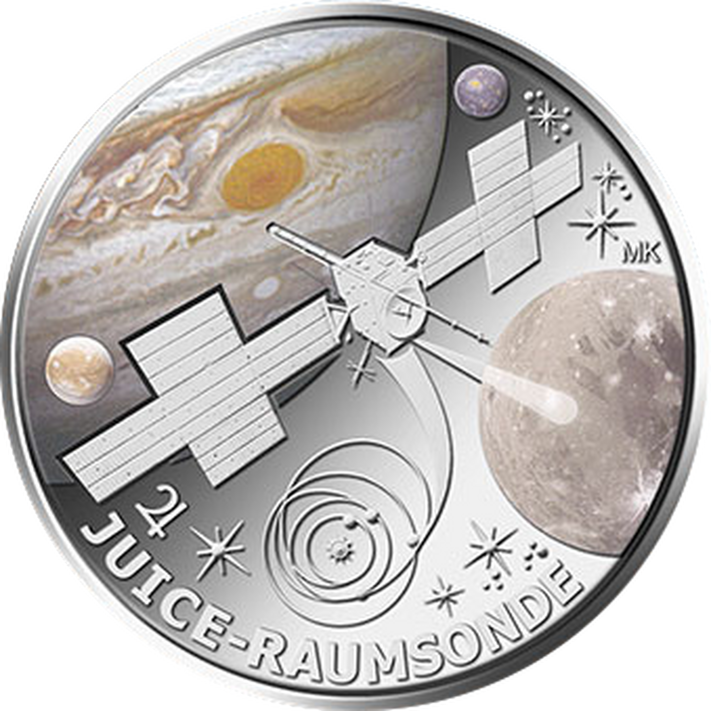 Die Motivseite der 5-Euro-Gedenkmünze 2027 "JUICE-Raumsonde"
