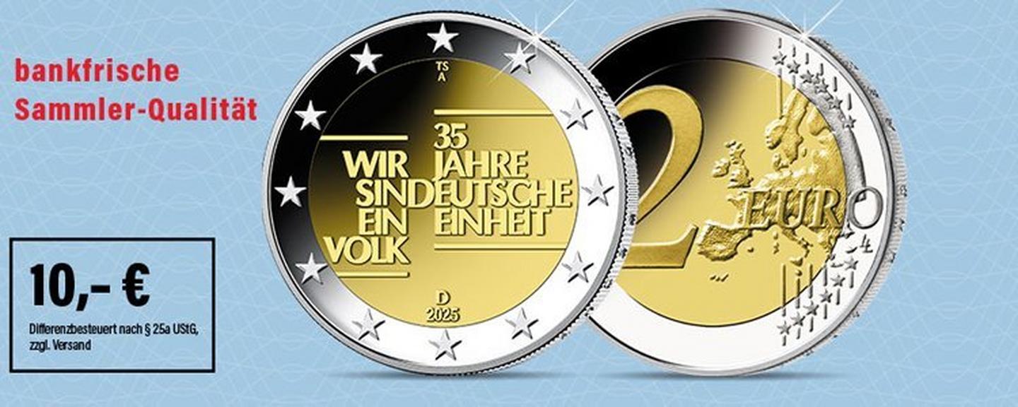 2-Euro-Gedenkmünze 2025, 35 Jahre Deutsche Einheit, Komplettsatz mit Münzzeichen A, D, F, G und J