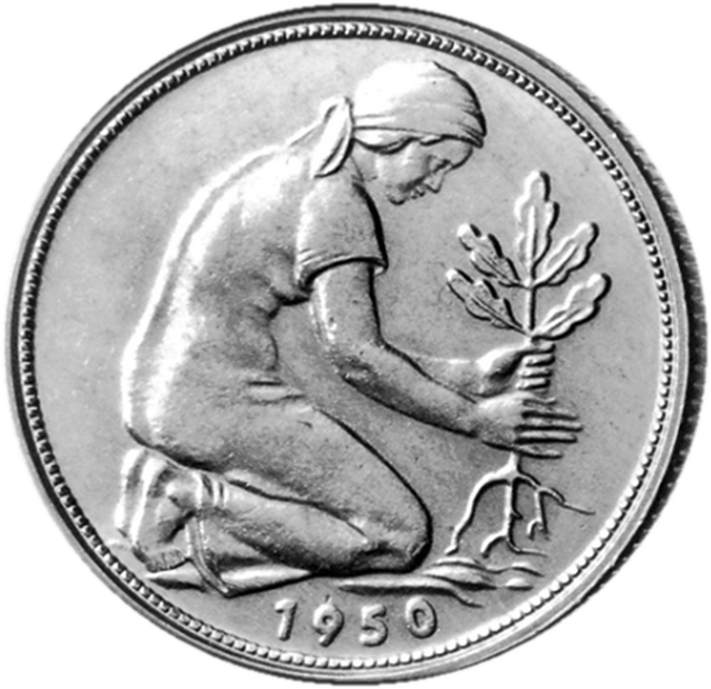 Die Motivseite der 50 Pfennig-Münze von 1950