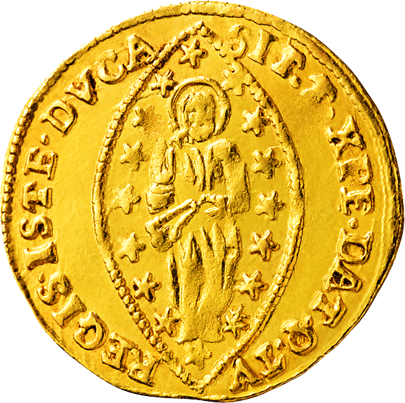 Rückseite eines Golddukaten aus Venedig mit einem Bild von Jesus Christus