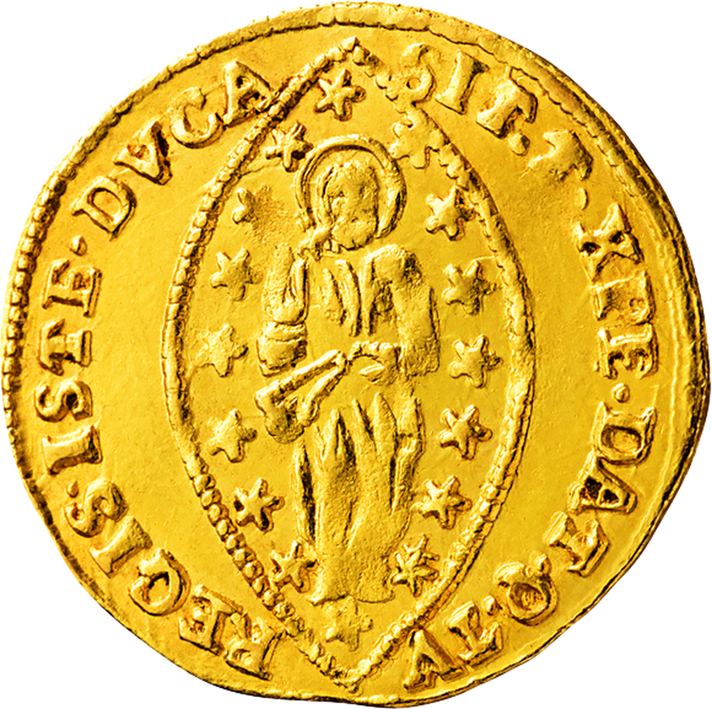 Rückseite eines Golddukaten aus Venedig mit einem Bild von Jesus Christus