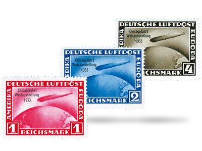 Briefmarken-3er-Set: 50. Ozeanüberquerung des Luftschiffes L. Z. 127