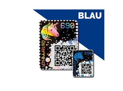Crypto Stamp 1.0 aus Österreich von 2019 mit blauem Einhorn