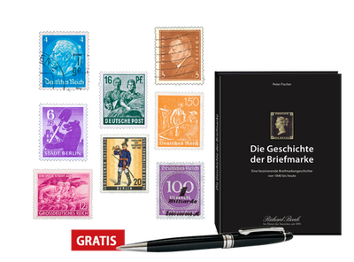 Acht Original-Briefmarken und Sammelband „Die Geschichte der Briefmarke“