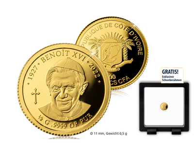 Goldmünze Benedikt XVI. im Schweberahmen