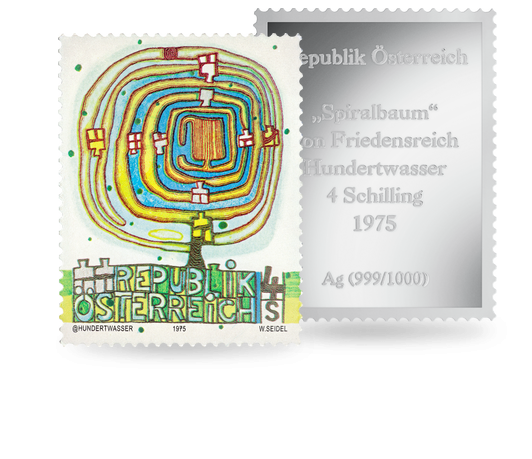 Briefmarke Hundertwasser Spiralbaum Österreich in reinem Silber