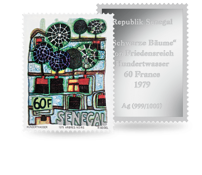 Hundertwasser Silberbriefmarke "Schwarze Bäume" 1979