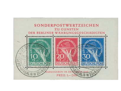Der erste Briefmarkenblock West-Berlins mit Ersttagsstempel