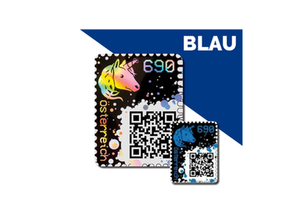 Crypto Stamp 1.0 aus Österreich von 2019 mit blauem Einhorn