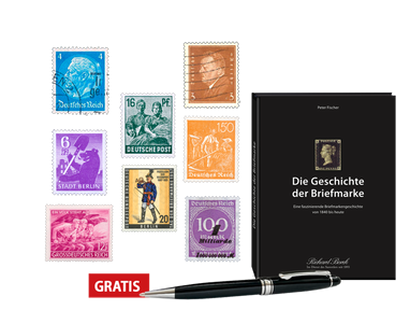 Acht Original-Briefmarken und Sammelband „Die Geschichte der Briefmarke“