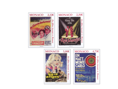 Vier Briefmarken aus Monaco zeigen historische Filmplakate