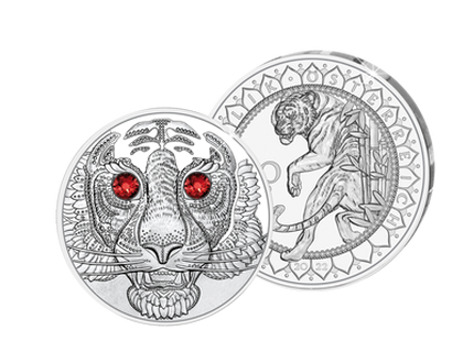 Österreichs 20-Euro-Silbermünze „Asien: Tiger“ mit Swarovski-Kristallen