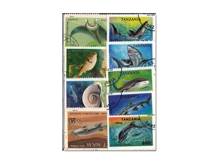 25 unterschiedliche Briefmarken zum Thema Meereslebewesen 