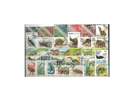 200 verschiedene Briefmarken mit Tieren der Urzeit