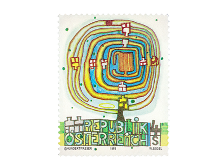 Silberbriefmarke Hundertwasser "Spiralbaum" Österreich 1975