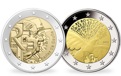 Set de 2 monnaies françaises de 2 Euros « Charles De Gaulle + 70 ans de la paix en Europe »