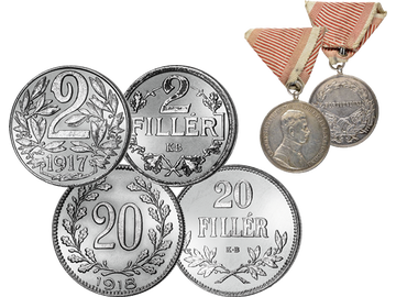 6er-Set zu Ehren von Kaiser Karl I.: 4 Münzen und 2 Tapferkeitsmedaillen