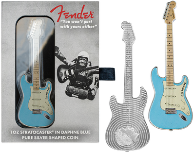 Silbermünze "Fender® Stratocaster®" in Originalform der Gitarre