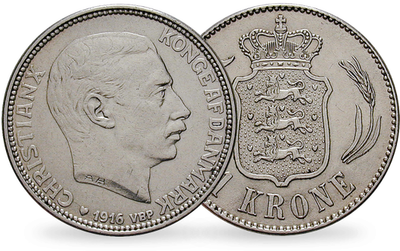 Une authentique monnaie en argent danoise d‘1 couronne Christian X