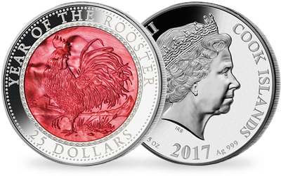 Monnaie de 25 Dollars «Année du coq» 2017 en argent pur et incrustée de nacre 