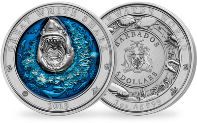 Monnaie de 5 Dollars en argent pur «Grand Requin Blanc» Barbade 2018