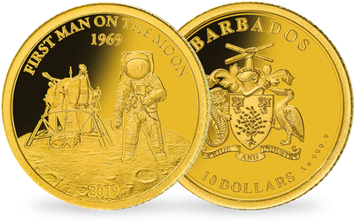 Monnaie de 10 Dollars en or pur «Premier Homme sur la Lune» Barbade 2019