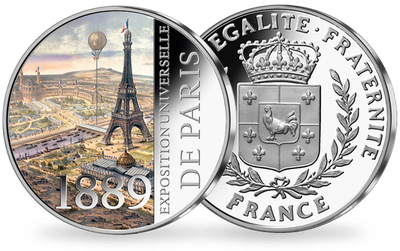 La frappe en argent colorisé «1889, Exposition Universelle de Paris» 