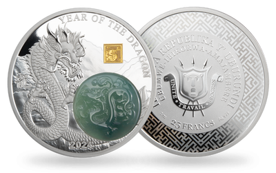 Monnaie de 2 onces en argent pur avec incrustation de jade « Année du dragon 2024 »