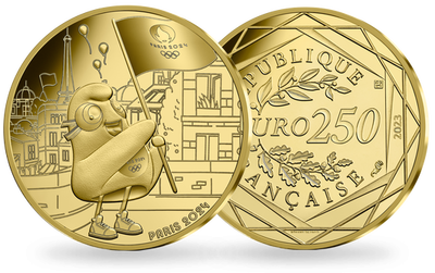 NOUVEAUTÉ: Monnaie de 250 Euros en or pur «Paris 2024 - Mascotte Drapeau» 2023