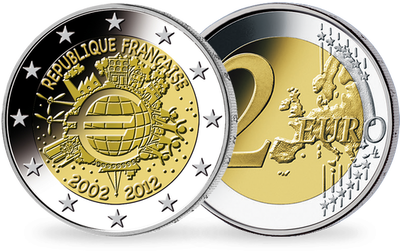 Monnaie commémorative de 2 Euros «10 ans de l'Euro» France 2012