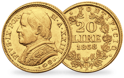 Monnaie de 20 Lire en or massif «Pie IX - grand buste»