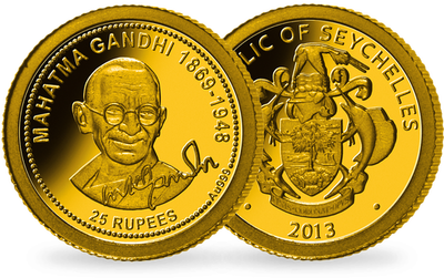 Monnaie de 25 Roupies en or pur Les plus petites monnaies en or du monde « Mahatma Gandhi » 2013
