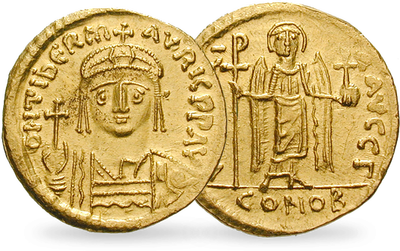 Monnaie en or byzantine: «Solidus Mauricius Tiberius»
