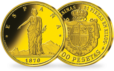 Réedition de la pièce en or « 100 pesetas gouvernement provisoire Madrid 1870 »