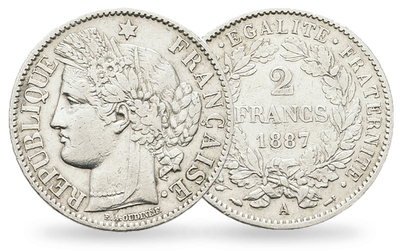 Monnaie de 2 Francs en argent massif «Céres - IIIème République»