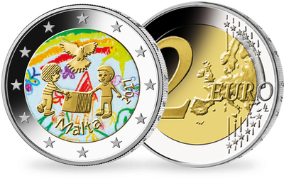 Monnaie 2 Euros colorisée « La solidarité entre les enfants mène à la Paix » Malte 2017