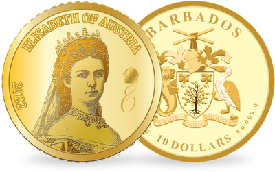 Monnaie de 10 Dollars en or le plus pur «Élisabeth d’Autriche» Barbade 2022