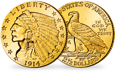 Monnaie de 2,5 Dollars en or massif «Tête d'Indien» USA