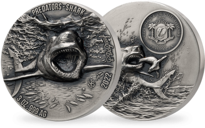 3-Unzen-Silbermünze "Predators - Weißer Hai" mit Hoch-Relief
