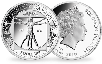 Monnaie 1 once argent Leonard de Vinci «L'homme de vitruve» 2019 