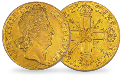 Monnaie ancienne en or massif «Louis d'Or - Louis XIV aux 8 L»
