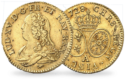 Monnaie ancienne en or massif « Louis XV, dit le « Bien-Aimé » - Demi-Louis d'or aux lunettes »