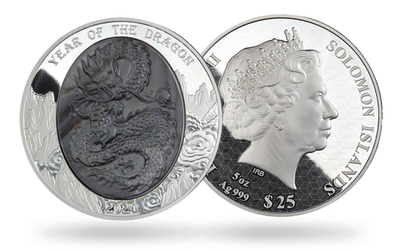 Monnaie de 5 onces en argent pur et incrustation de nacre « Année du Dragon » 2024