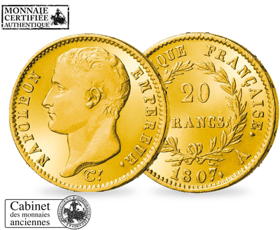La monnaie ancienne en or massif de 20 Francs « Napoléon Ier - Tête Nue »