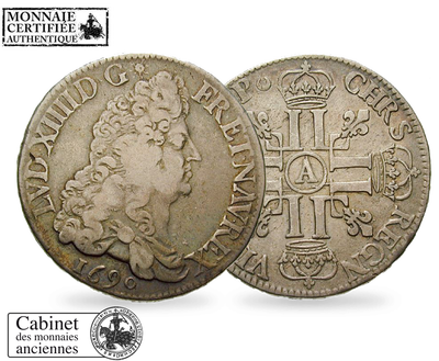 Monnaie ancienne écu d’argent aux 8L «Louis XIV» 