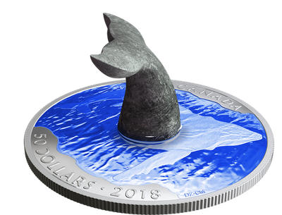 Monnaie de 50 Dollars en argent pur «Queue de Baleine» Canada 2018