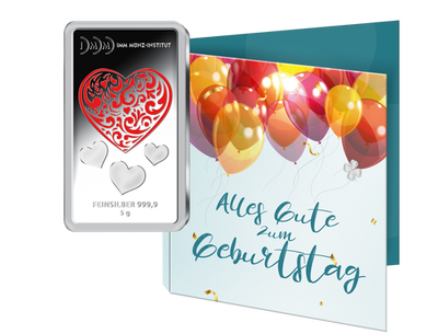 Silber-Geschenkbarren "Herz" mit Karte zum Geburtstag