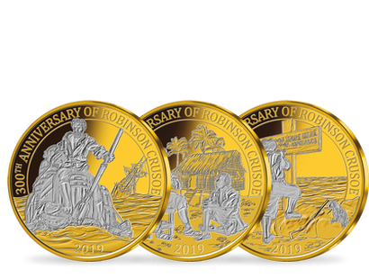 Set de 3 monnaies dorées à l'or pur «300ème anniversaire de Robinson Crusoe» 2019