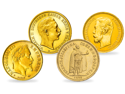 Le coffret «Les Derniers Empereurs d'Europe», avec 4 authentiques monnaies anciennes en or 