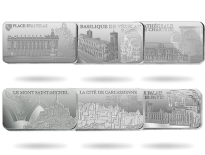 Set de 6 lingots du patrimoine français en argent pur "UNESCO"